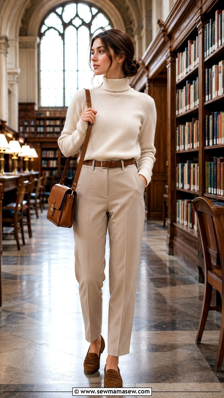 Cream Turtleneck With Tailored Beige Trousers Outfit Light Academia - 30 casual light academia outfits
