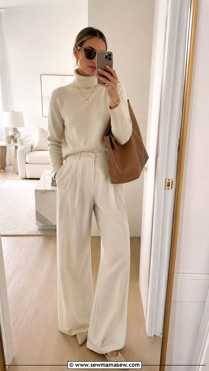 Cream Turtleneck With Wide Leg Trousers And Oversized Tote - 25 Nepo baby outfit ideas 2026