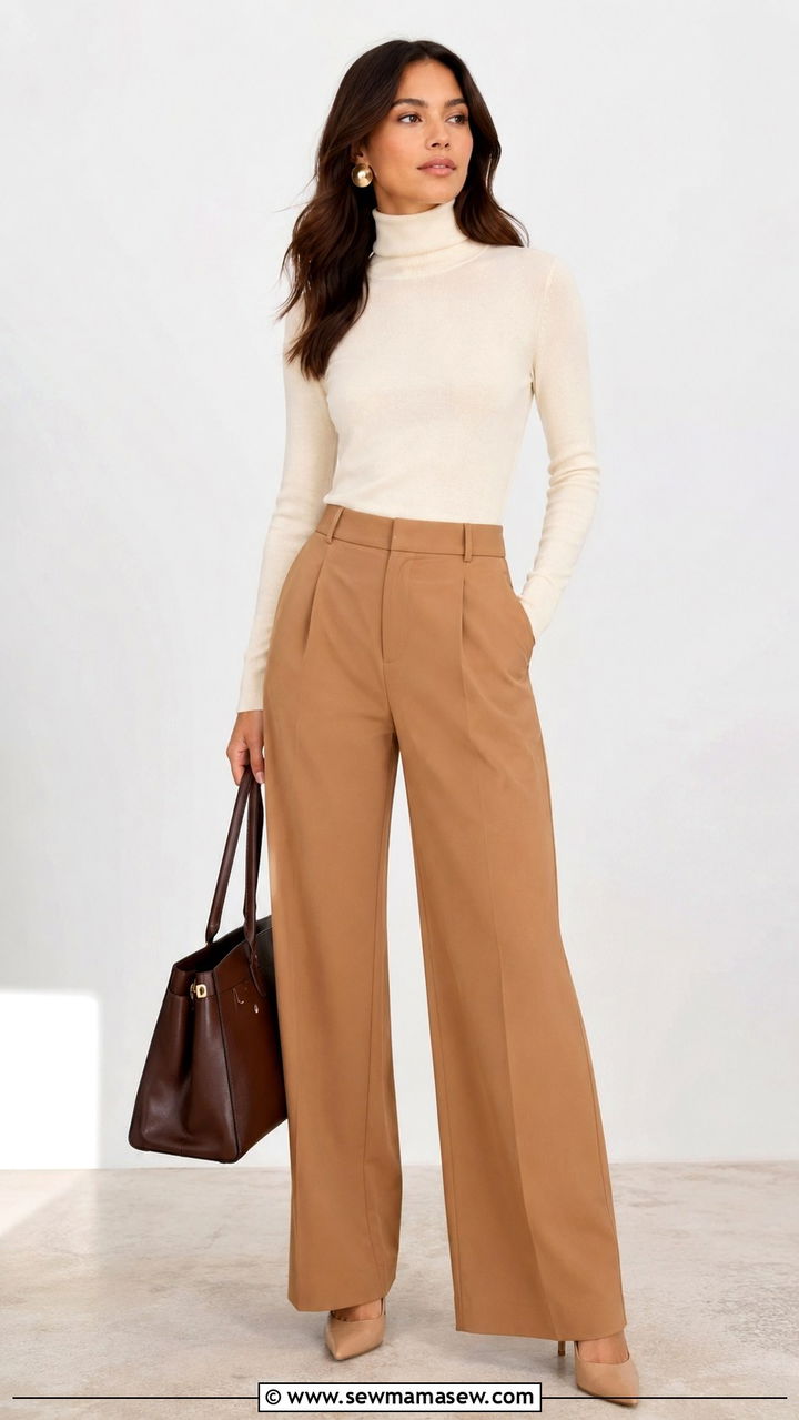 Cream Turtleneck With Wide Leg Trousers Outfit - 30 casual business casual outfits
