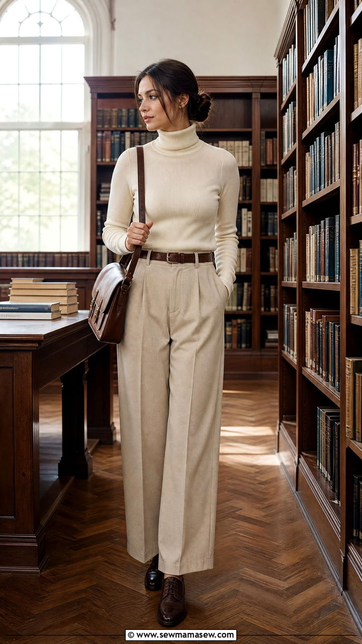Cream Turtleneck and Beige Trousers With Oxford Shoes - 25 classy light academia outfit ideas