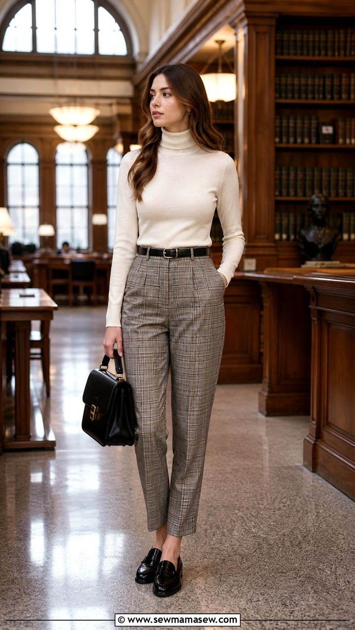 Cream Turtleneck with Plaid Trousers - 40 Cream outfit ideas