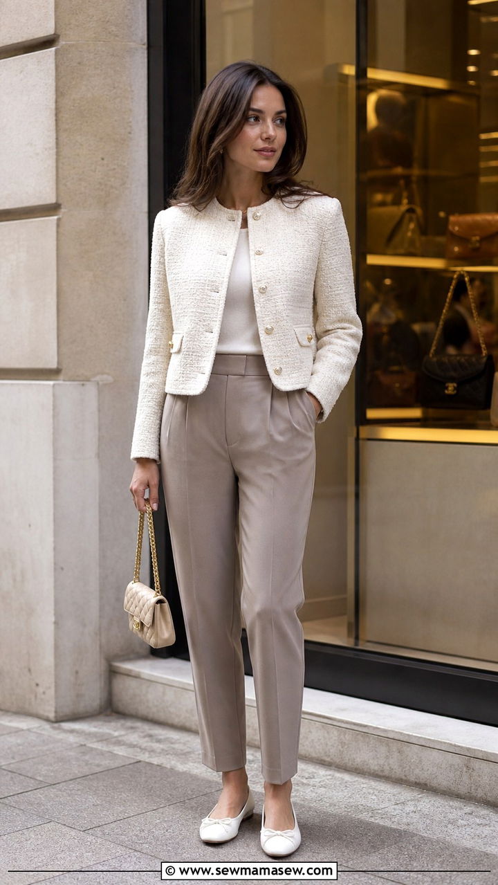 Cream Tweed Jacket With Gold Buttons and Tailored Trousers - 40 Paris outfit ideas