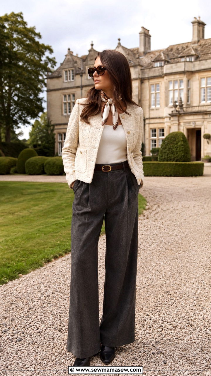 Cream Tweed Jacket With Silk Scarf And Tortoise Sunglasses - 25 Old money outfit ideas with tortoise sunglasses