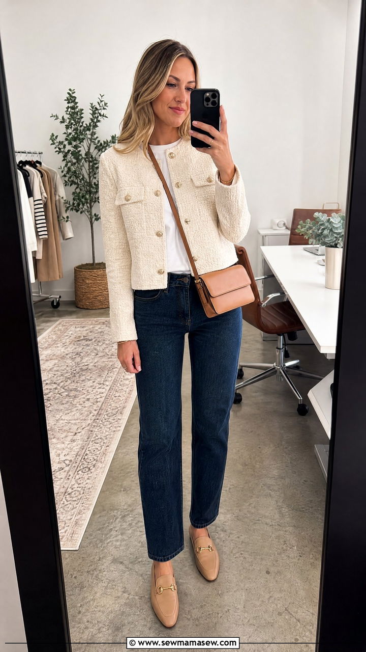 Cream Tweed Jacket and Dark Straight Leg Jeans - 25 CEO outfit ideas for women