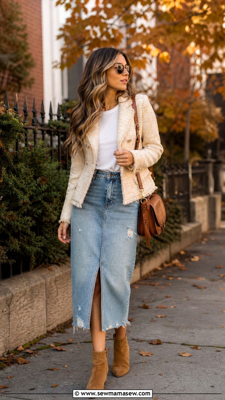 Cream Tweed Jacket and Tan Suede Boots with Distressed Denim Midi Skirt - 40 denim skirt outfits