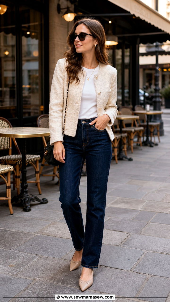 Cream Tweed Jacket with Dark Wash Jeans - 40 Cream outfit ideas