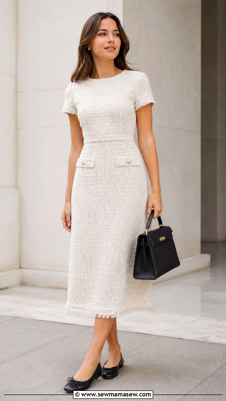 Cream Tweed Midi Dress With Pearl Earrings and Ballet Flats - 30 Midi dress for work outfit ideas
