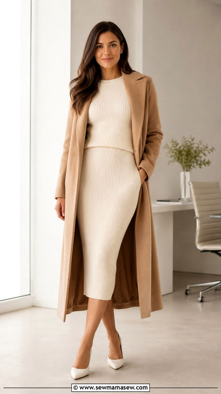 Cream Two Piece Knit Set with a Long Coat - 30 business casual outfits aesthetic