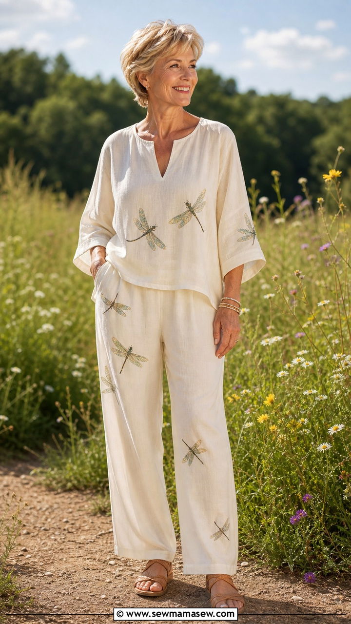 Cream Two Piece Set With Dragonfly Motif and Flat Sandals - 40 Spring outfit ideas for women over 50 2026