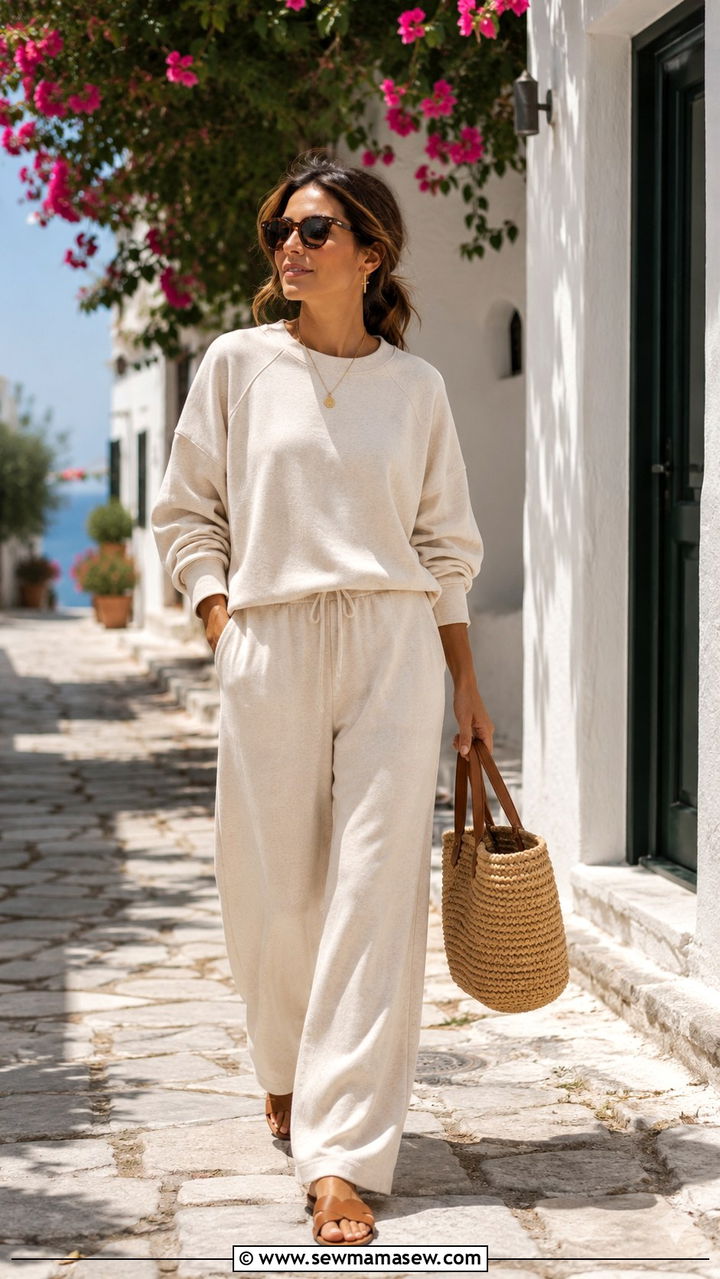 Cream Wide Leg Tracksuit With Flat Mules - 30 Track suit matching set outfit ideas