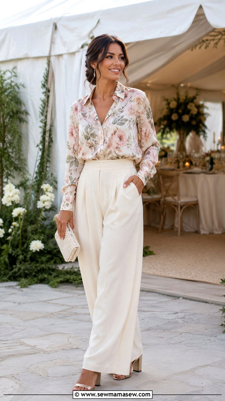 Cream Wide Leg Trousers And Silk Blouse - 30 Tent wedding guest outfit ideas