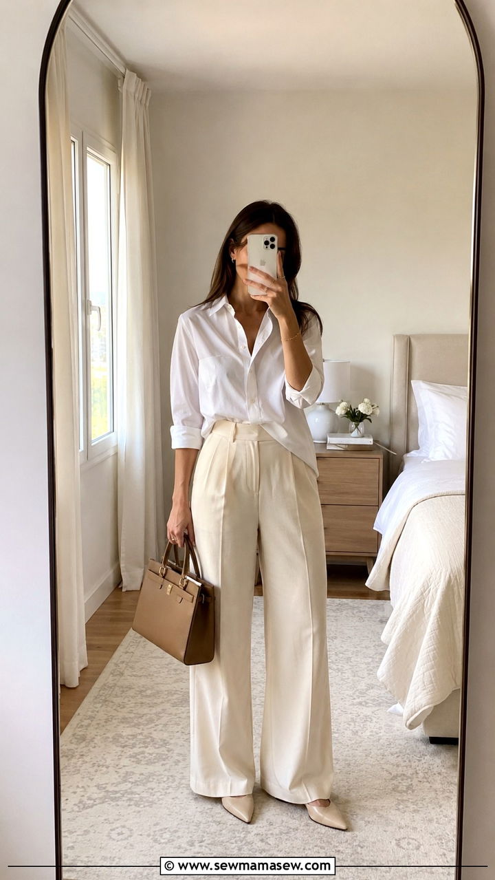 Cream Wide Leg Trousers With Crisp White Shirt - 30 Old money outfit ideas spring 2026