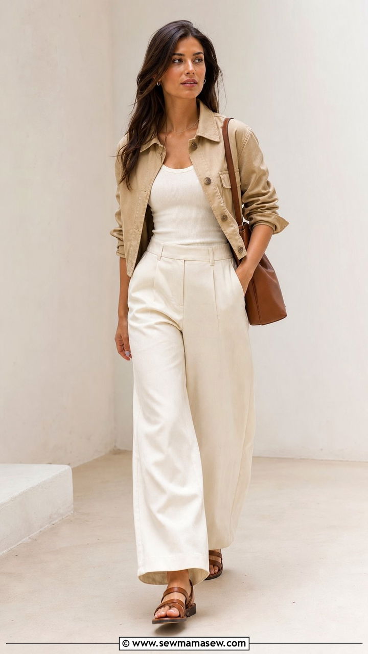 Cream Wide Leg Trousers with Tan Cropped Jacket Outfit - 25 spring outfits 2026 women for women