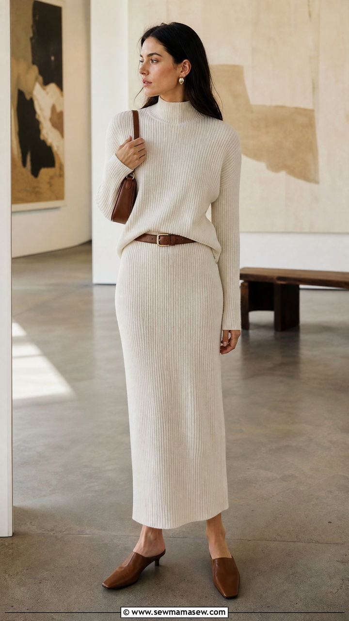Cream Wide Rib Knit Dress and Sweater Set - 30 Matching set outfit ideas old money