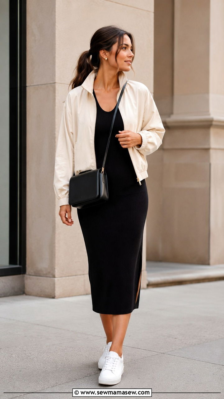 Cream Windbreaker With Black Knit Dress Outfit - 25 windbreaker outfits aesthetic