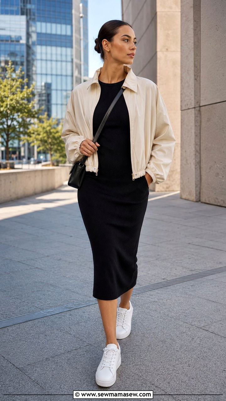Cream Windbreaker With Black Knit Midi Dress - 25 windbreaker outfits 2026