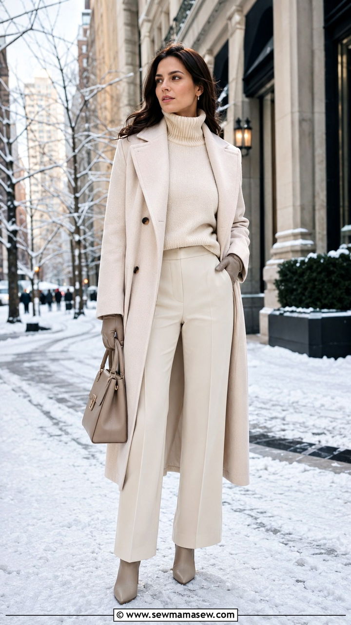 Cream Wool Coat With Cashmere Sweater And Trousers - 30 Monochromatic cream outfits