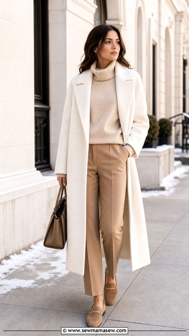 Cream Wool Coat With Cashmere Turtleneck and Camel Trousers - 25 cute quiet luxury outfits