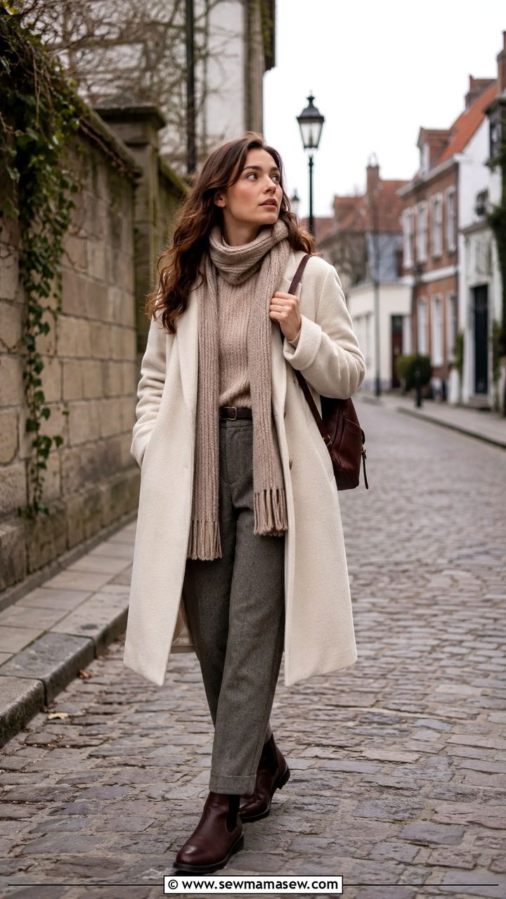 Cream Wool Coat With Turtleneck And Straight Leg Trousers - 30 light academia outfits inspo
