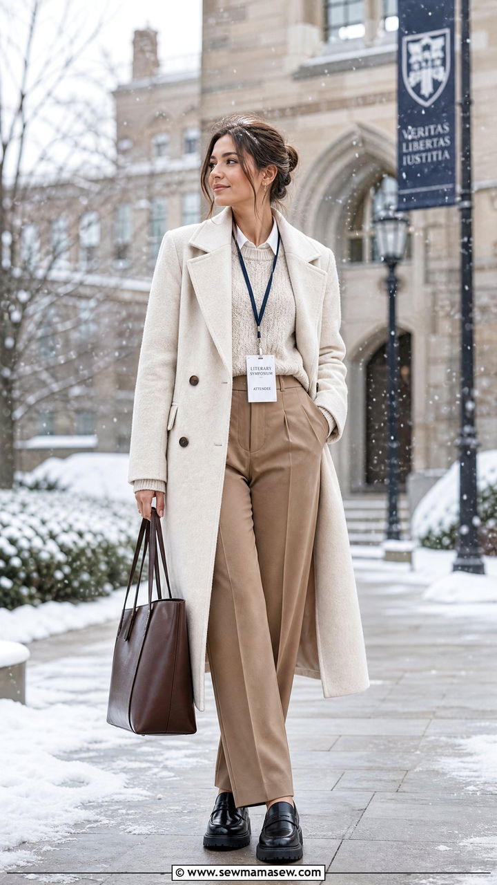 Cream Wool Coat and Trousers With Chunky Loafers - 25 classy light academia outfit ideas
