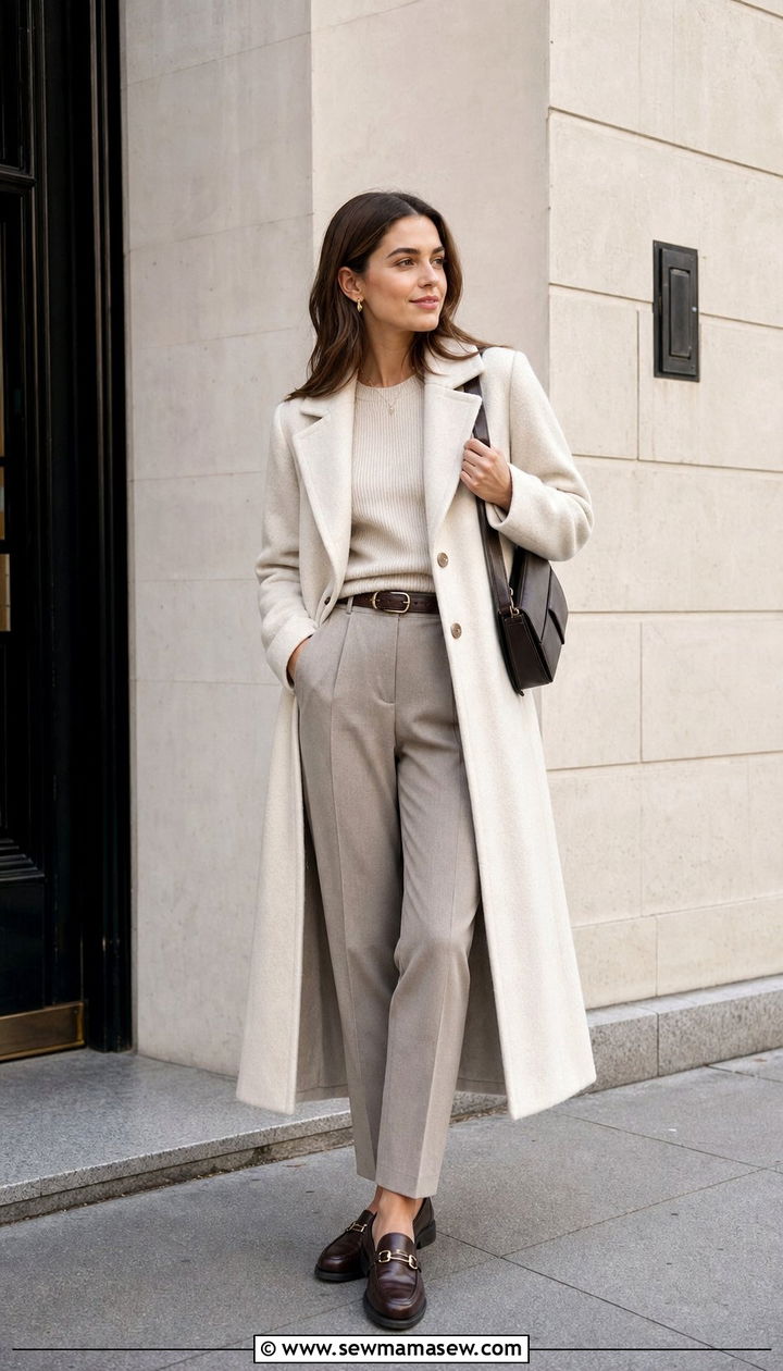 Cream Wool Coat over Tailored Neutral Trousers and Loafers - 25 classy light academia outfits