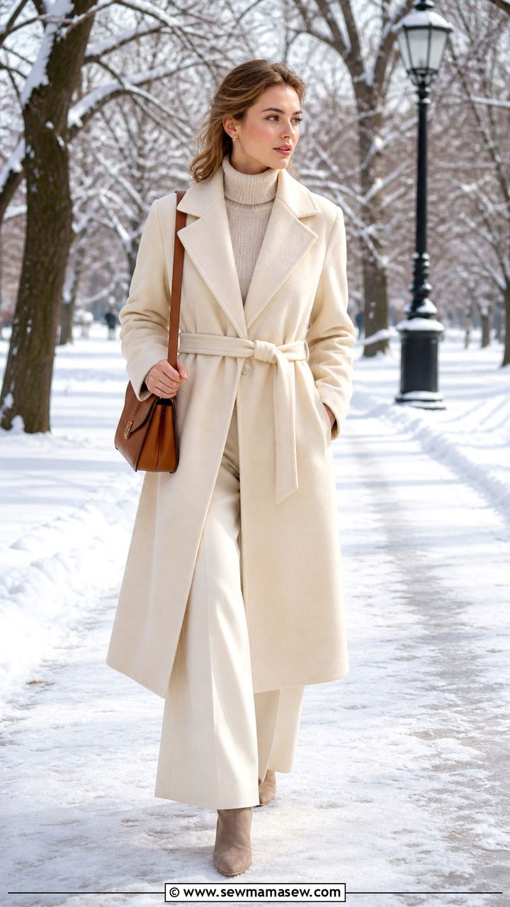Cream Wrap Coat With Cashmere Turtleneck And Wool Trousers - 40 old money outfits