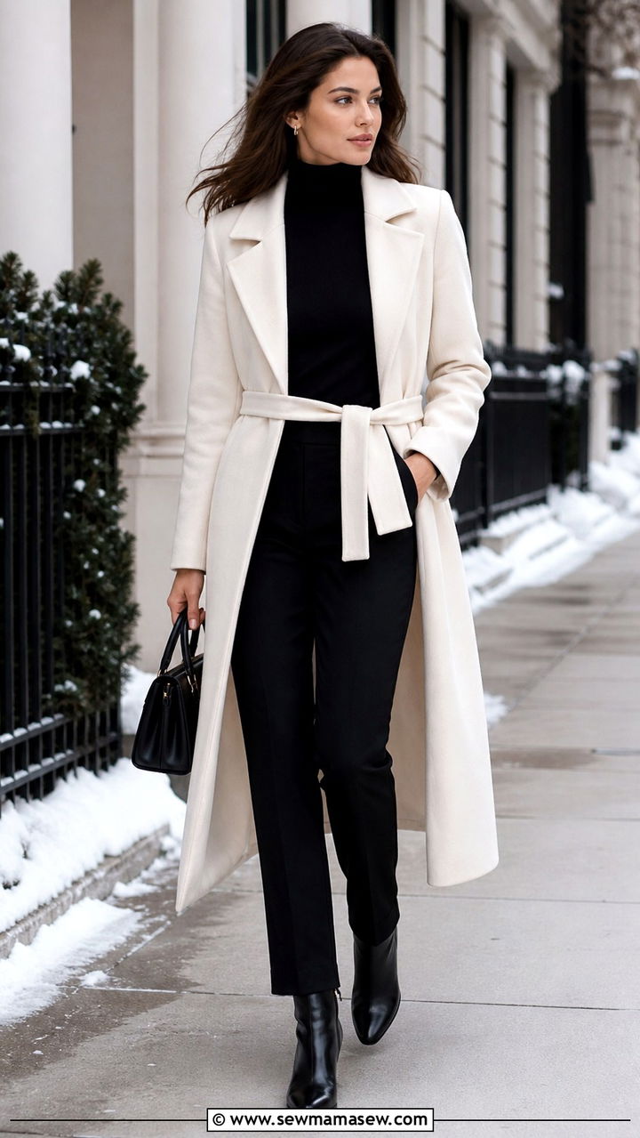 Cream Wrap Coat with All Black Underpinnings - 40 Cream outfit ideas