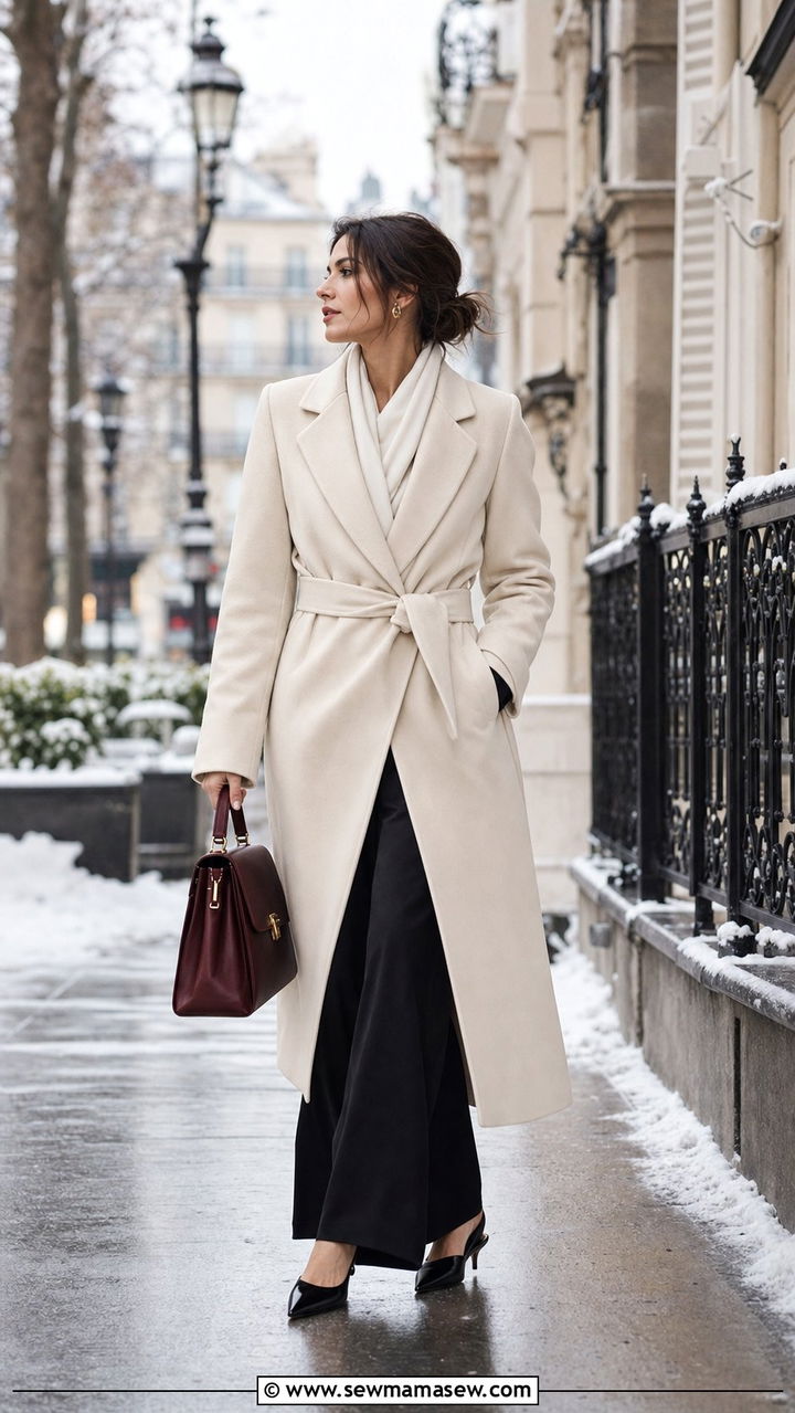 Cream Wrap Coat with Wide Leg Trousers and Heels - 25 classy Paris outfits