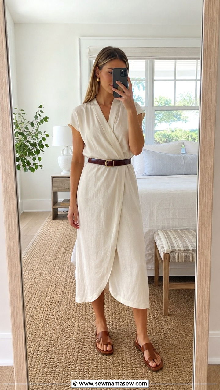 Cream Wrap Dress Leather Sandals Hamptons Outfit - 30 Old money outfit ideas for the Hamptons