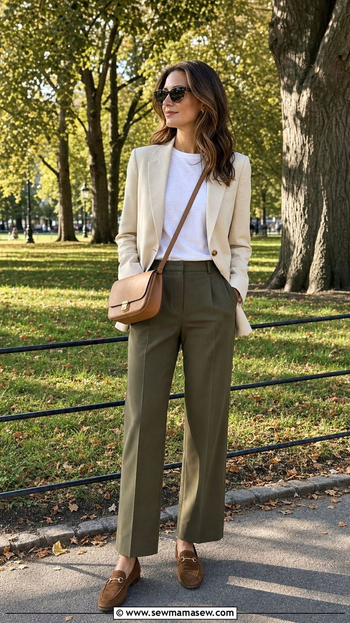 Cream blazer with white tee and olive trousers old money look - 25 cute old money outfits