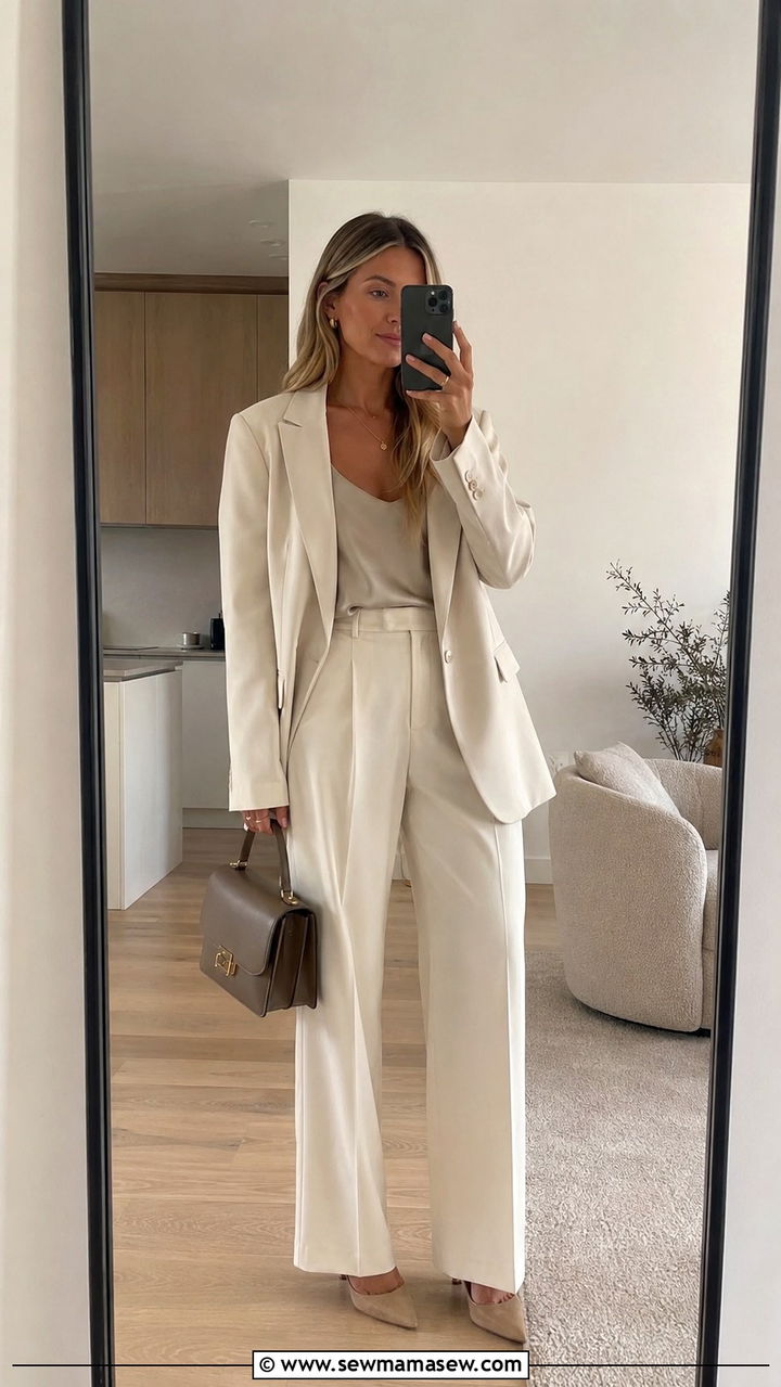 Cream blazer with wide leg trousers - 30 Old money work outfit ideas
