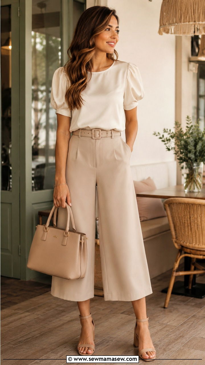 Cream blouse and beige culottes - 30 Monochromatic beige outfits