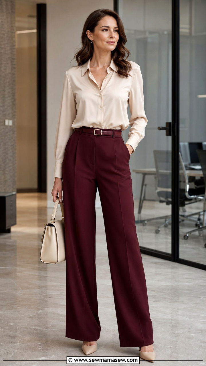 Cream blouse with burgundy trousers outfit - 30 Burgundy and cream outfit ideas