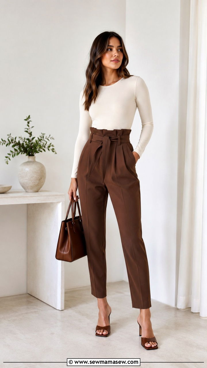 Cream bodysuit with brown paperbag trousers outfit - 30 Brown and cream outfit ideas