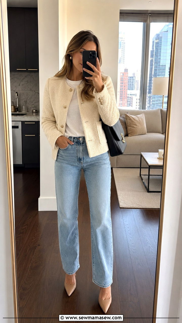 Cream boucle jacket and light wash denim outfit - 30 quiet luxury outfits to copy