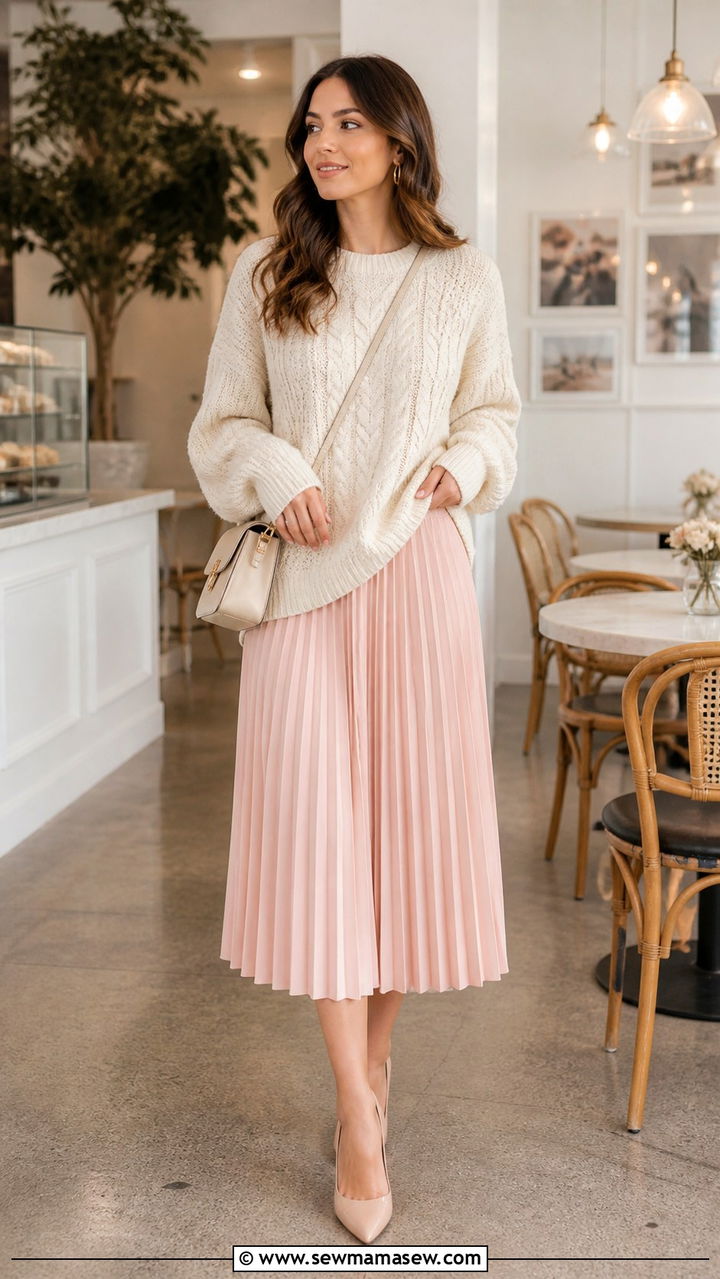 Cream cable knit sweater with blush pleated midi skirt - 40 Chic work outfit ideas