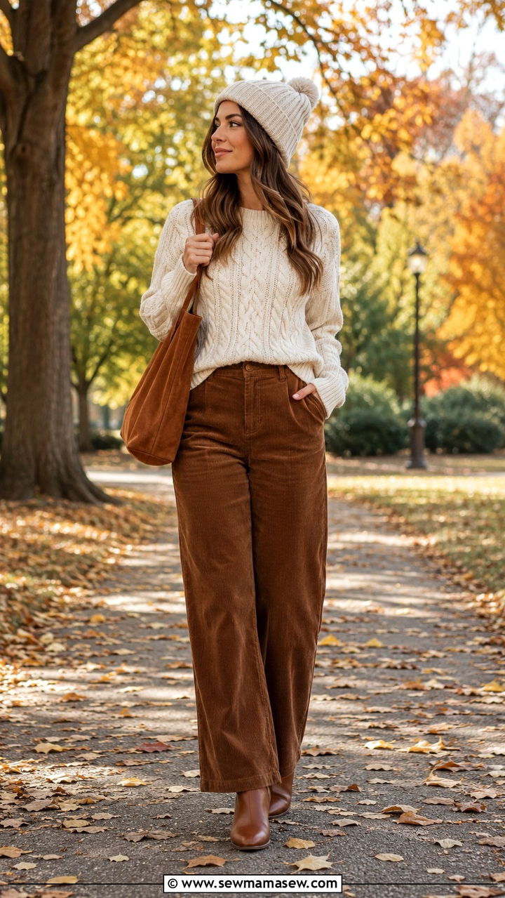 Cream cable knit sweater with brown corduroy pants outfit - 30 Brown and cream outfit ideas