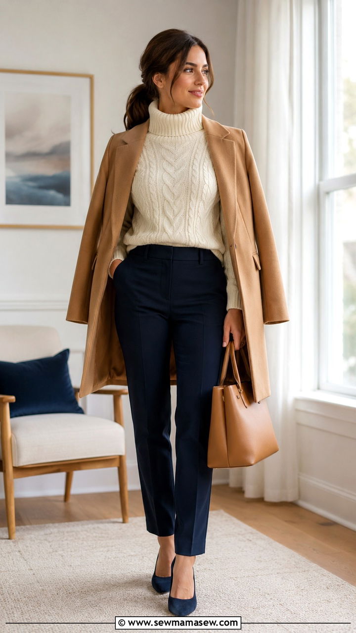 Cream cable knit sweater with dark trousers interview - 25 seasonal job interview outfit ideas