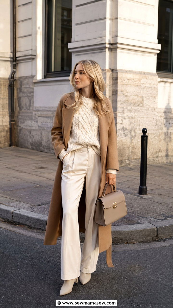 Cream cable knit sweater with satin pants and wrap coat - 25 Scandinavian cozy outfit ideas
