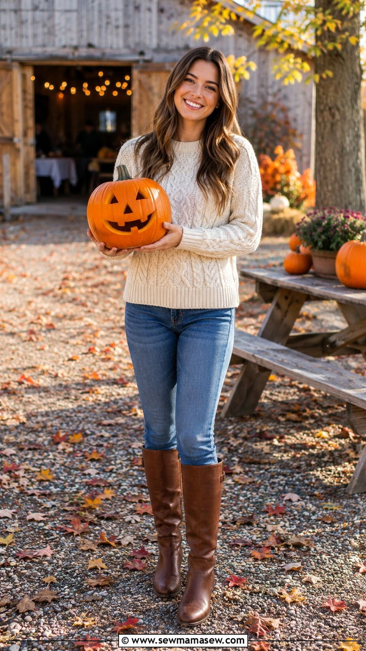 Cream cable knit sweater with straight leg jeans and riding boots - 30 Pumpkin carving party outfit ideas