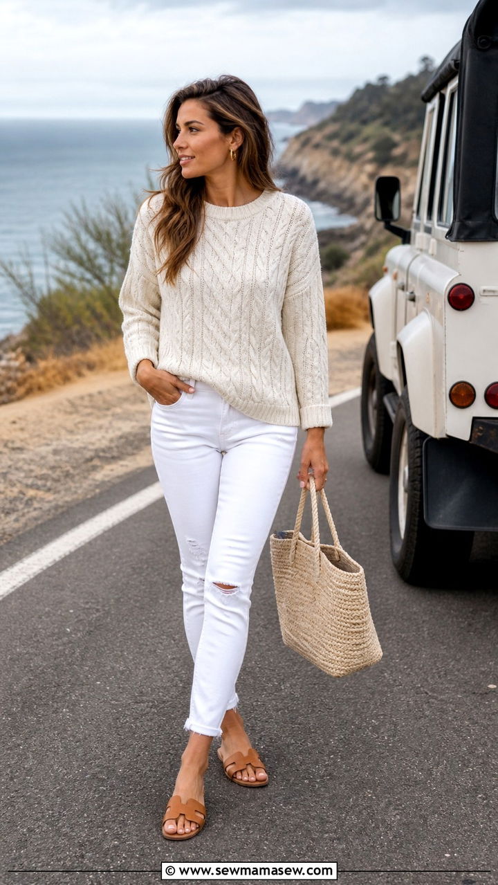 Cream cable knit sweater with white ripped jeans and tan sandals - 40 Coastal spring outfits