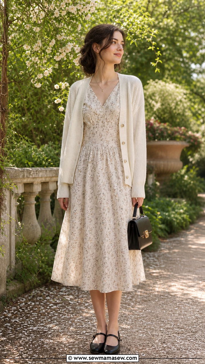 Cream cardigan with floral midi dress and Mary Janes outfit - 40 light academia outfits