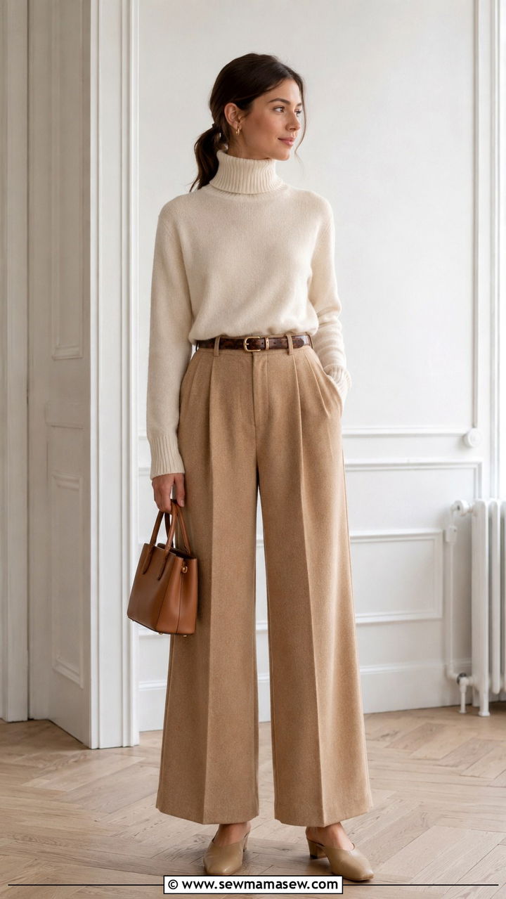 Cream cashmere roll neck and camel wool trousers outfit - 25 Quiet luxury minimalist outfit ideas
