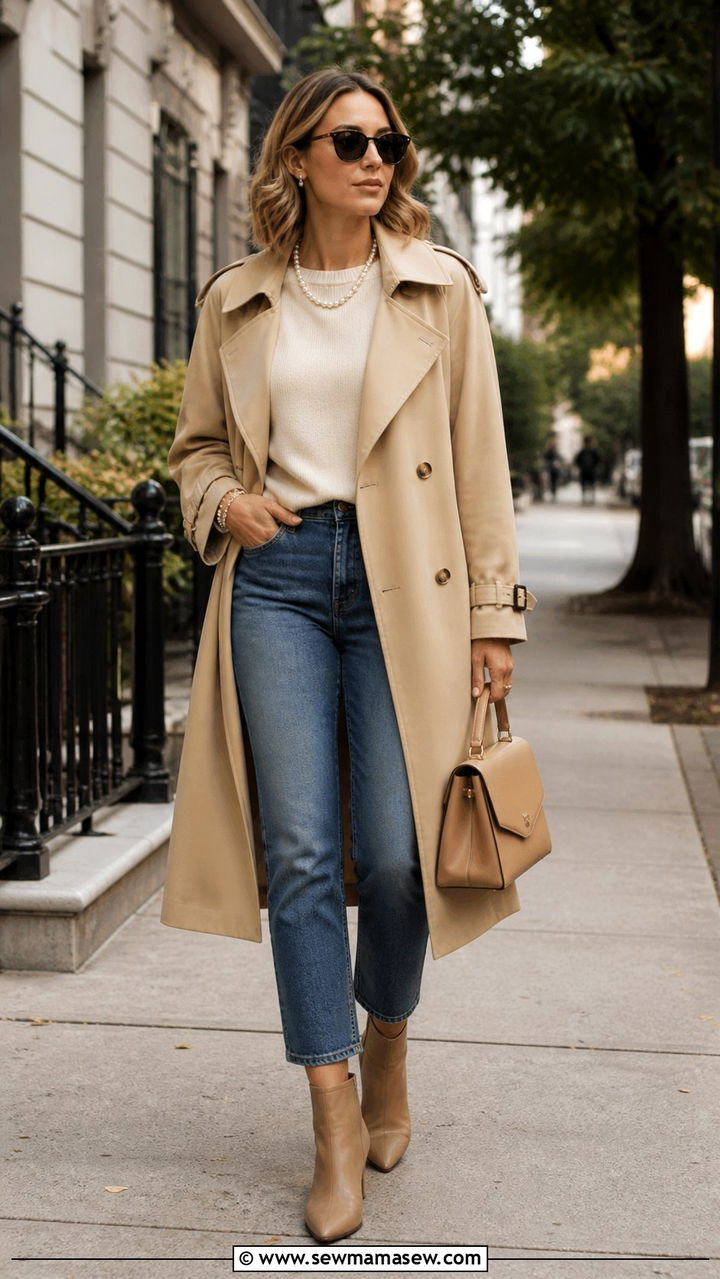 Cream cashmere sweater and wide leg jeans with pearl necklace - 40 Pearl necklace outfit ideas