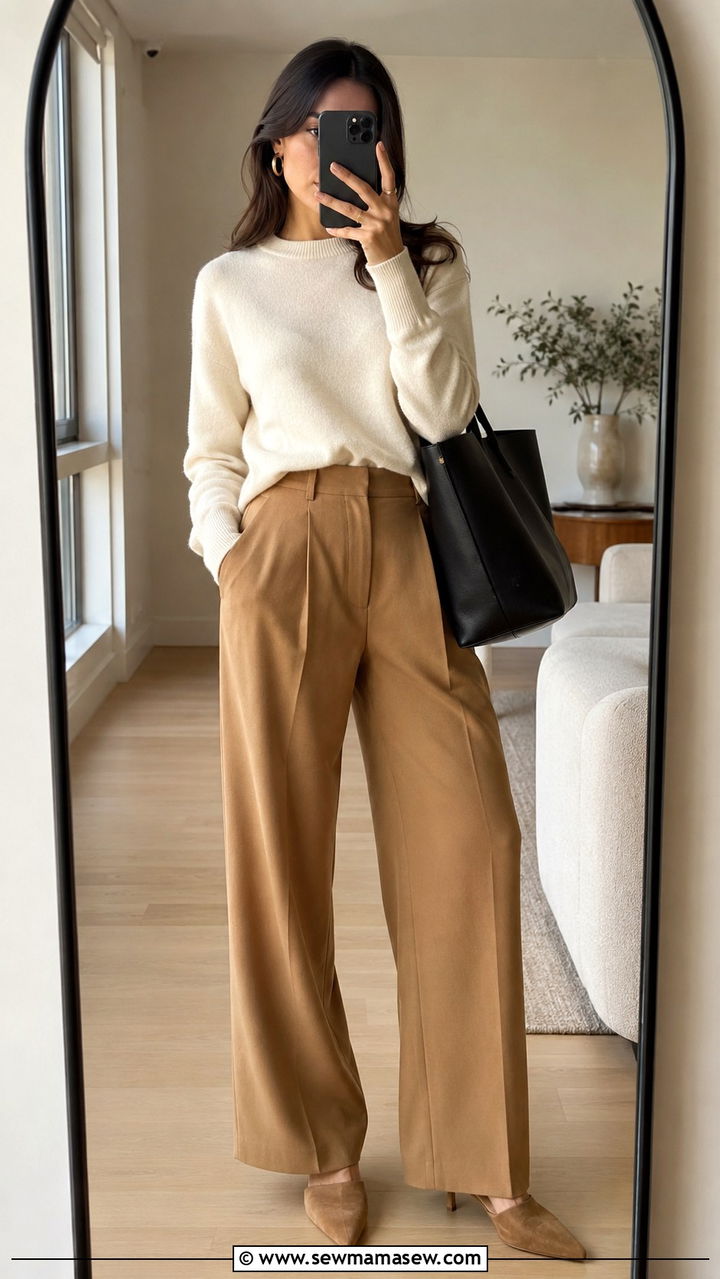 Cream cashmere sweater and wide leg trousers outfit - 30 quiet luxury outfits to copy