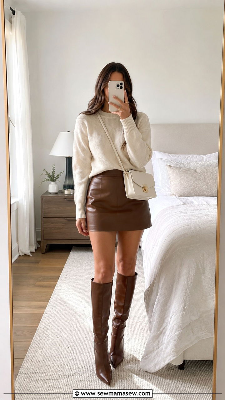 Cream cashmere sweater with brown leather mini skirt outfit - 30 Brown and cream outfit ideas