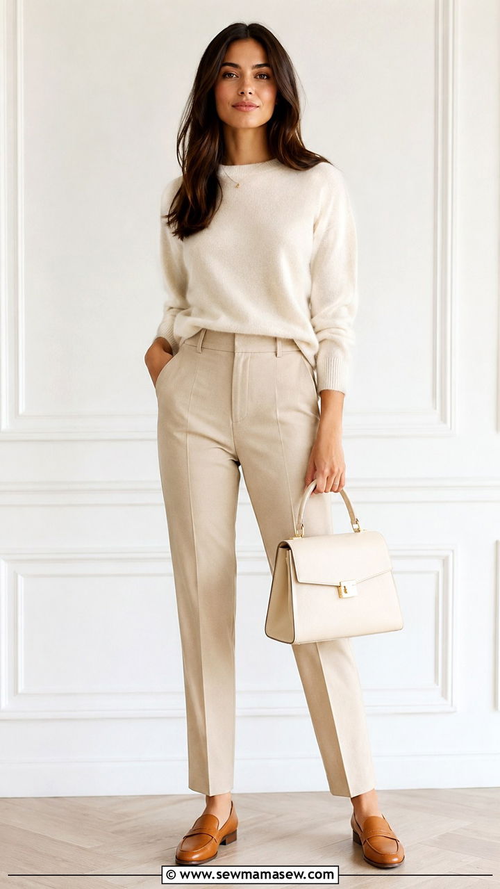Cream cashmere sweater with tailored beige trousers - 30 quiet luxury capsule wardrobe outfits