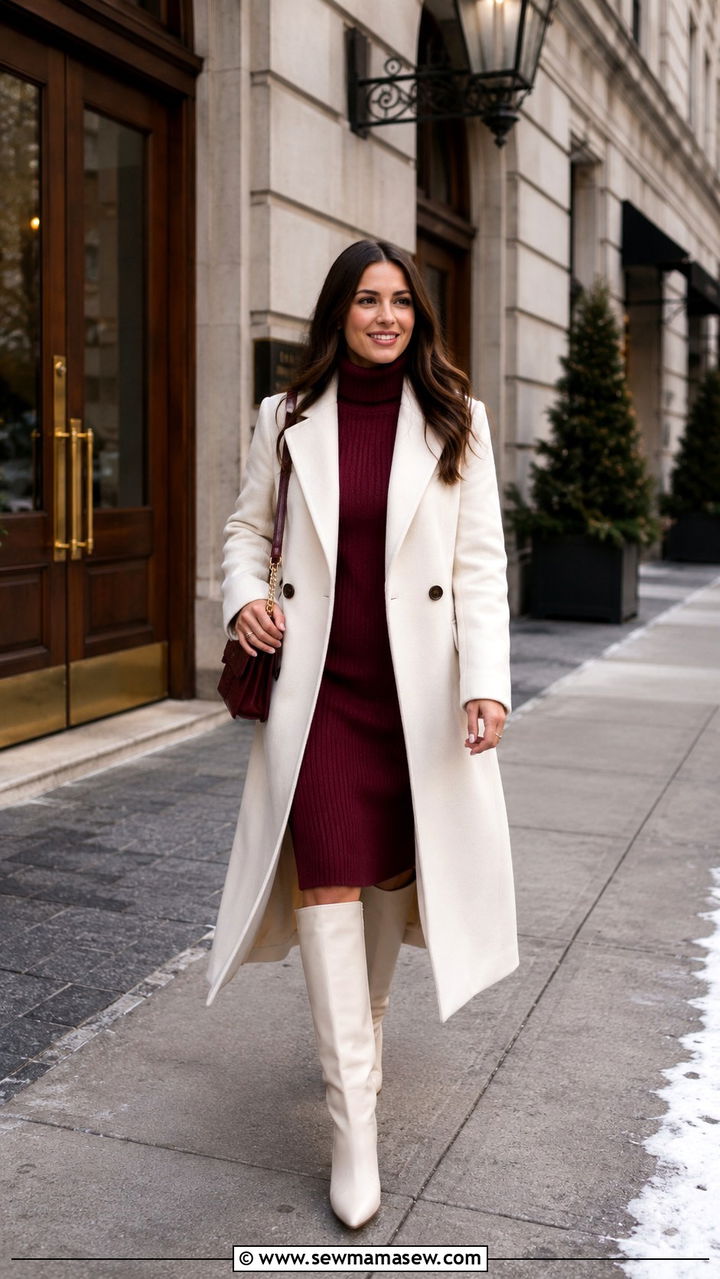 Cream coat over burgundy dress outfit - 30 Burgundy and cream outfit ideas