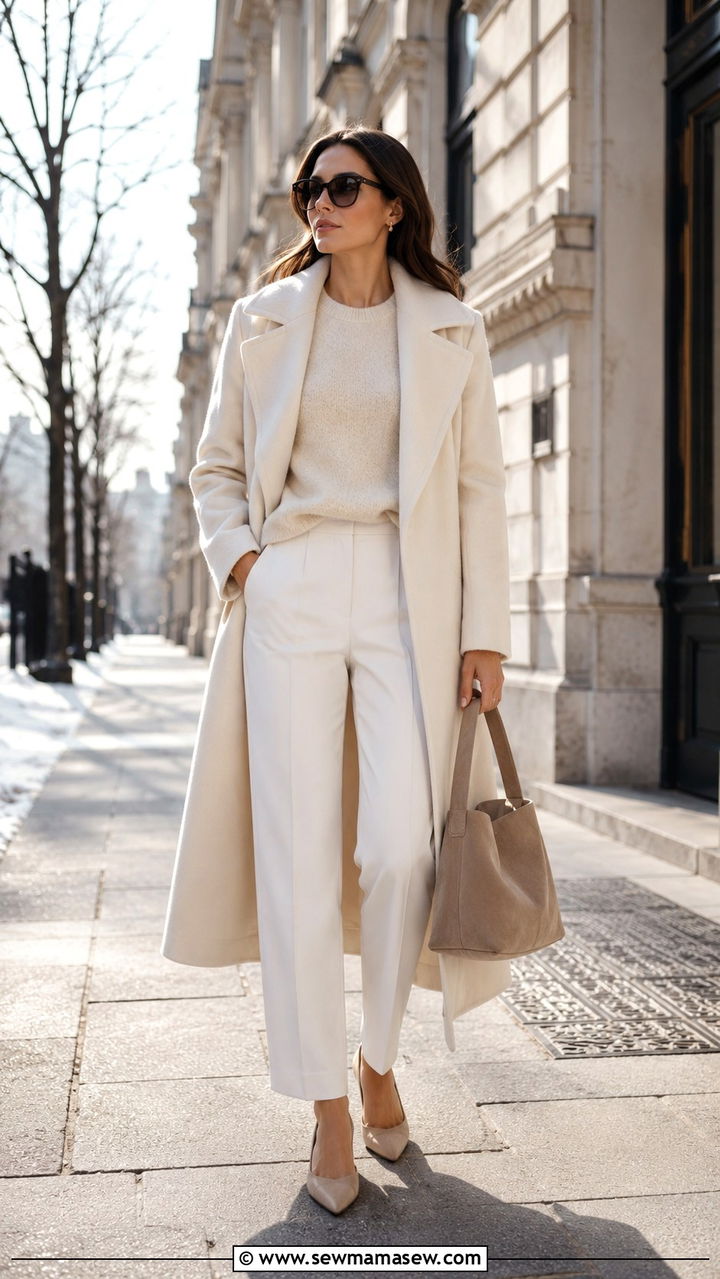 Cream coat with cashmere sweater outfit - 20 Quiet luxury outfit ideas Loro Piana style