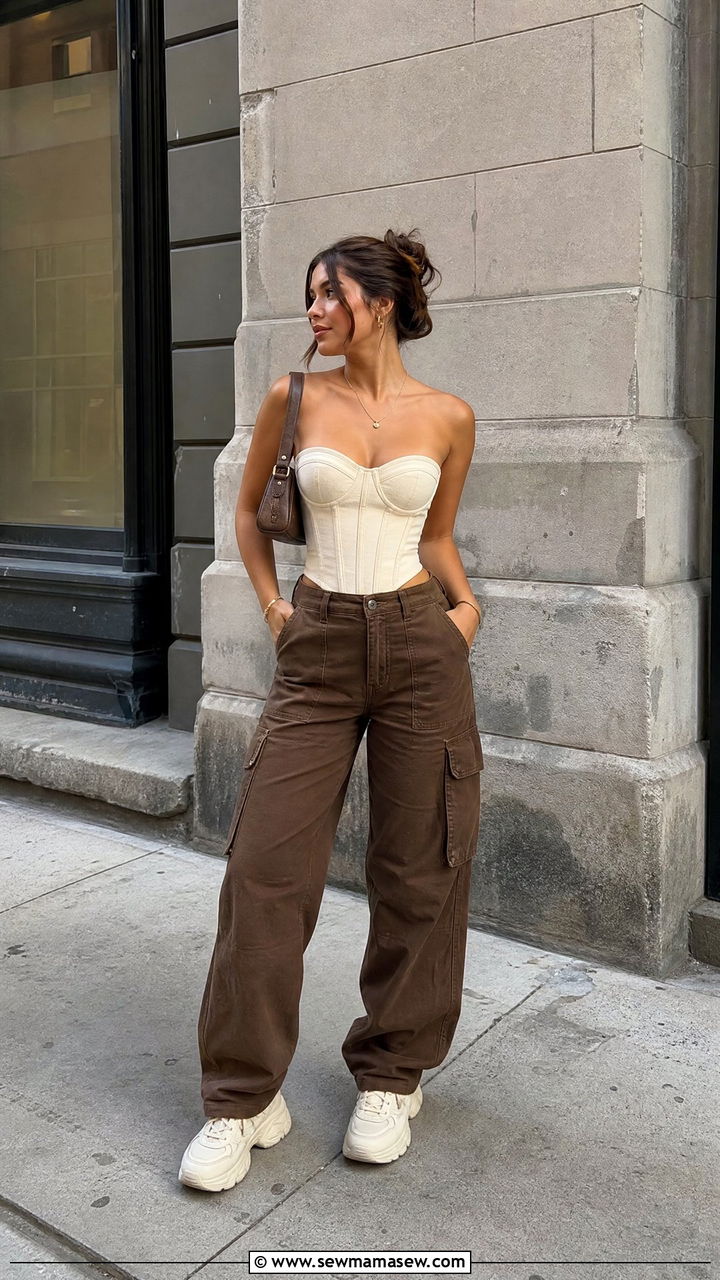 Cream corset top with brown cargo pants outfit - 30 Brown and cream outfit ideas